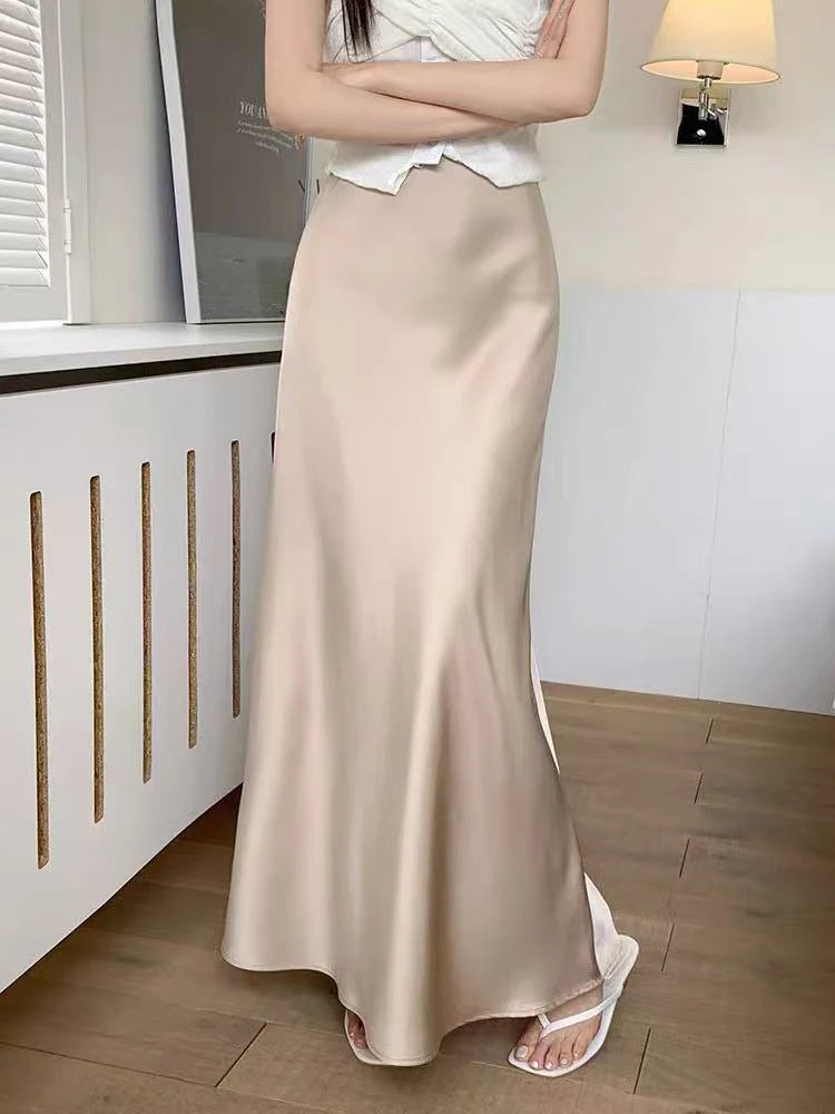 Hnewly Elegant Satin Midi Skirts for Women Summer High Waist Korean Office Ladies Skirt Y2K Fashion Night Party Club Fishtail Skirt New