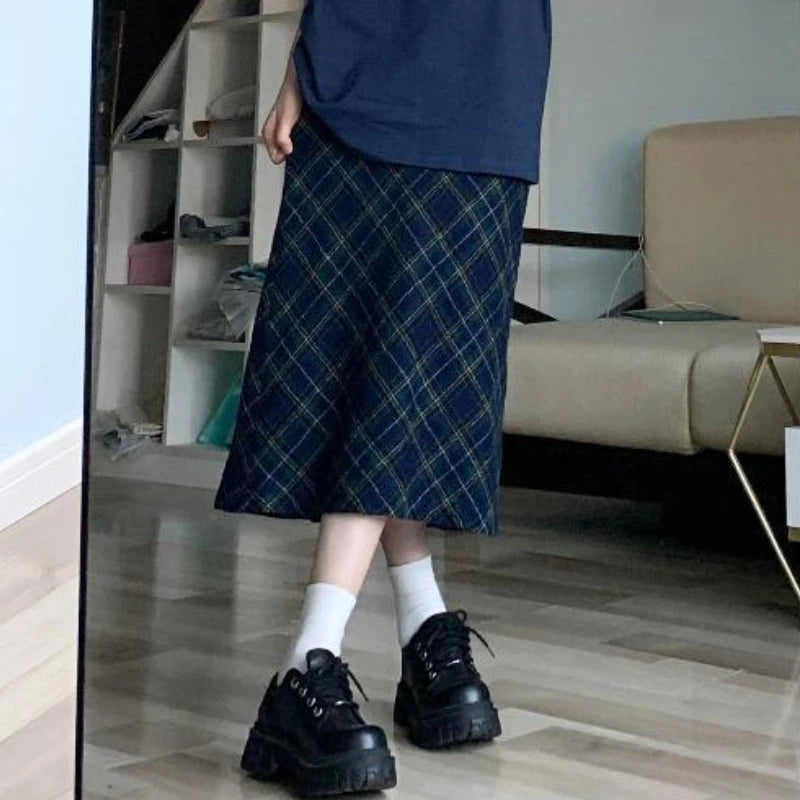 Hnewly  Plaid Midi Skirts Women Casual A-line Chic All-match High Street Elegant Vintage Mujer Jupe European Style Classic Sexy Clothing