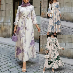 Hnewly  An Elegant Long-sleeved Dress For Middle Eastern Ladies With Random Floral Prints And Lantern Sleeves