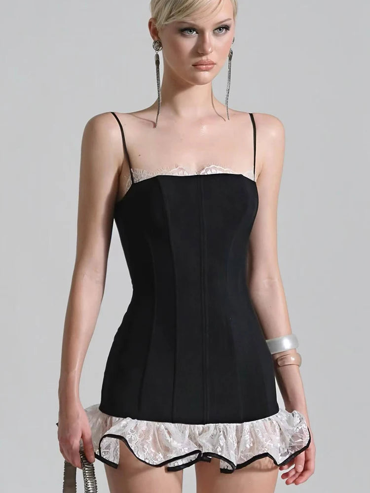 Hnewly   Y2K Sexy Sweet Style Mini Dress Women Square Collar Contrast Mesh Patchwork Ruched Hem Birthday Party Fashion Outfits
