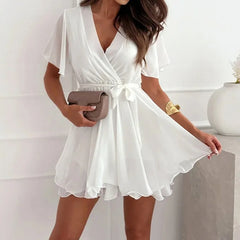 Hnewly  Summer Chiffon Women's Short Sleeved Slim Fashion Dress Waist-tie Chiffon Short Skirt with Lotus Leaf Hem; Short Sleeves