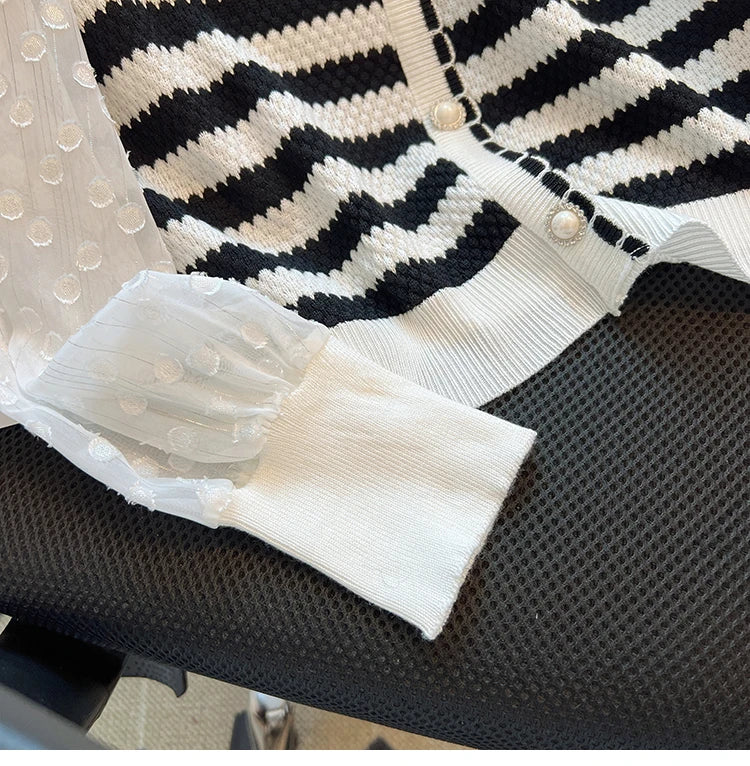 Hnewly  Striped knitted Sweater For Women's Spring Autumn French Elegant Round Neck Long Sleeved Patchwork Chiffon Loose All-Matched Top