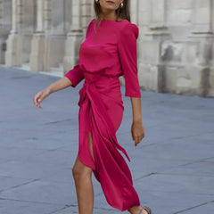 Hnewly  New Elegant Lace Up Irregular Dress Simple Solid Temperament High Waist Dress Women O Neck Half Sleeve Pleated A-line Dress