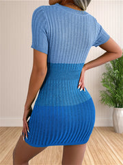 Hnewly  Womens Sweater Dress Summer Color Block Crewneck Short Sleeve Cut Out Bodycon Dresses