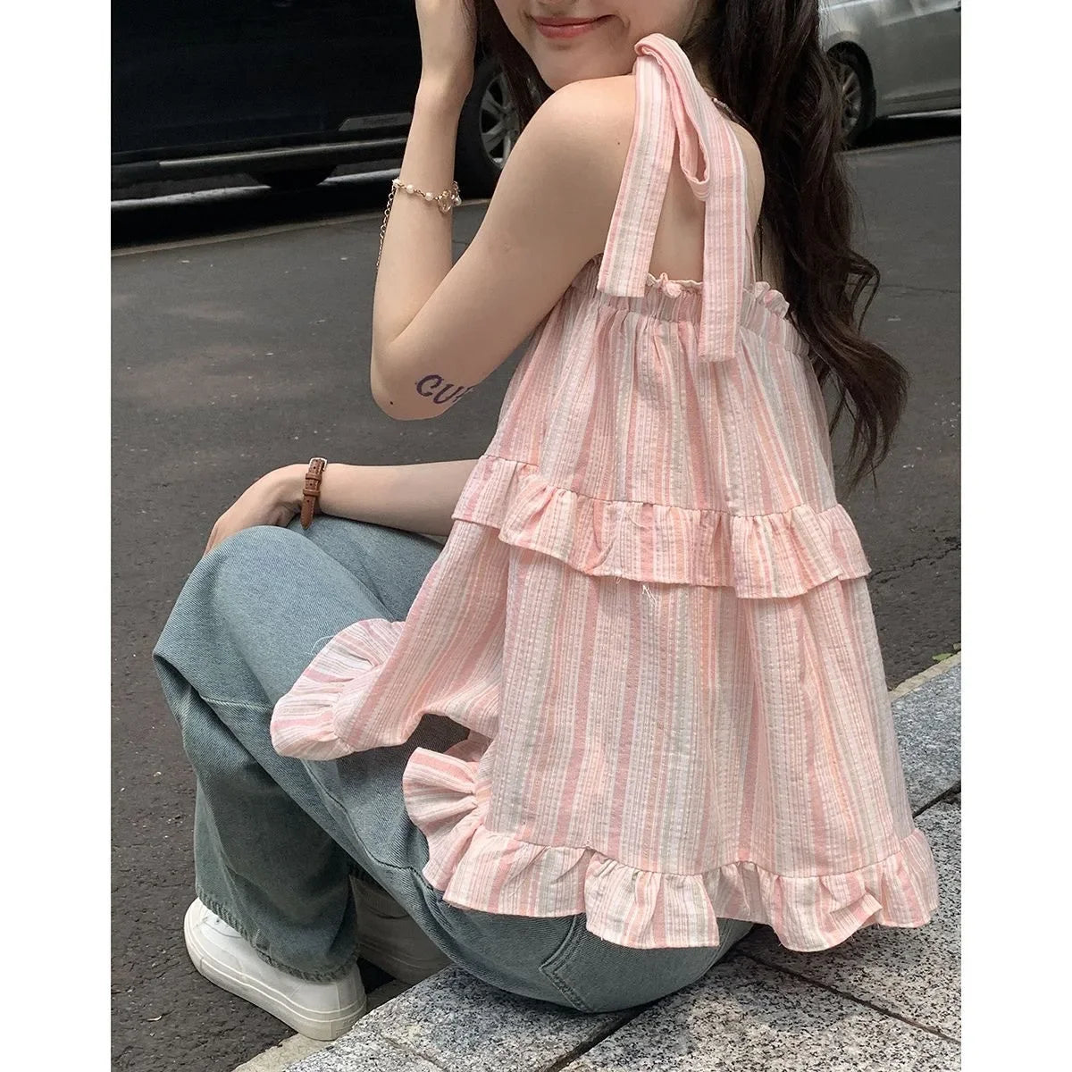 Hnewly French Style Striped Bow Tank Top Women's Summer Loose Fit Vacation Style Doll Top Fashionable Casual Wear
