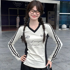 Hnewly  Vintage Y2k Long Sleeve T-Shirts Coquette Women Letter Print Tees American Retro Fashion Aesthetics Streetwear T-Shirts