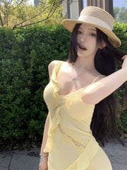 Hnewly  Women Dresses Sleeveless Lace Patchwork Ruffles V Neck Slim Backless Holiday Party Dress Female Fashion Sweet Casual