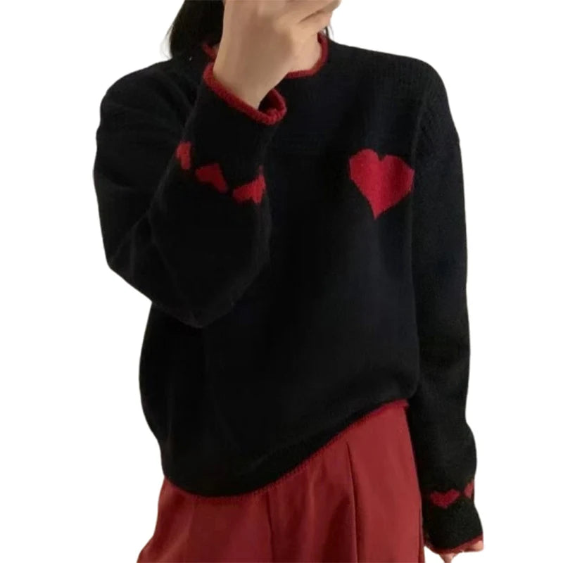 Hnewly y2k Sweaters Women Christmas Clothes Heart Print Round Neck Long Sleeve Knitted Pullover Tops 2000s Aesthetic Clothing