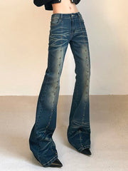 Hnewly Vintage Low Waist Flare Jeans Women Y2K Chic Rivet Slim Pencil Jean Pants Streetwear Fashion Retro Denim Trouser Korean