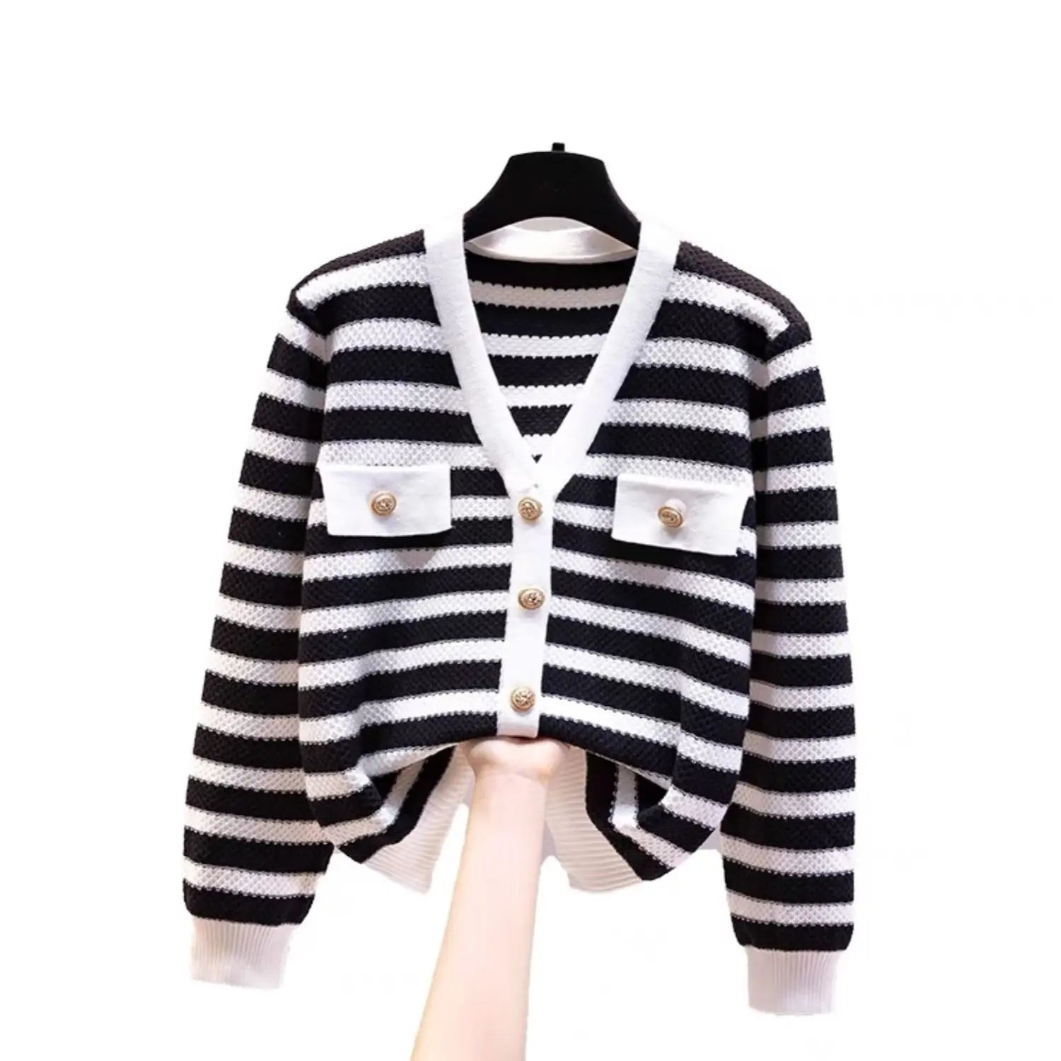 Hnewly  Elegant Striped Knit Cardigan Sweater Spring Autumn New V-neck Long Sleeved Jacket Women's Fashion Gold Button Coat Top