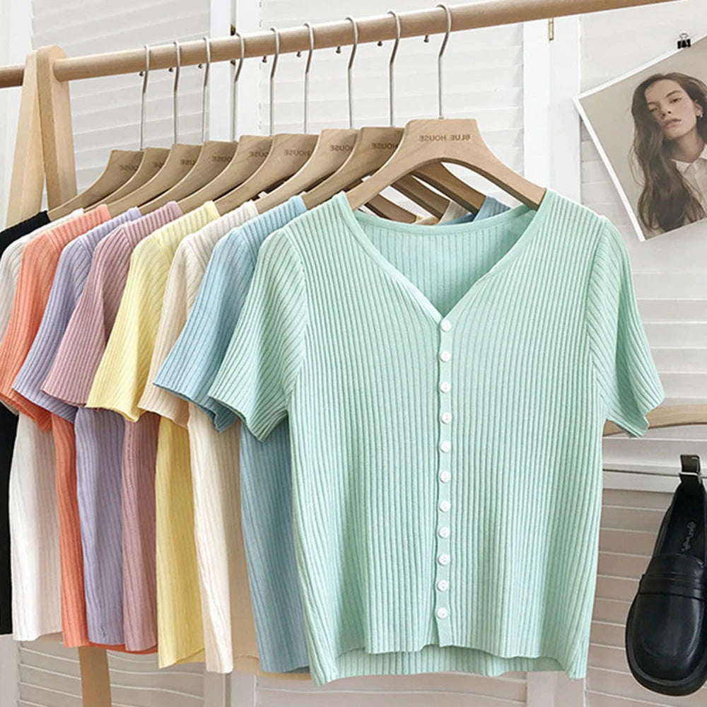 Hnewly  Knitted Short Sleeved T-shirt Sweater Women Spring  Summer 2025 Thin Loose V-neck Single Breasted Top Solid Short Cardigan Coat