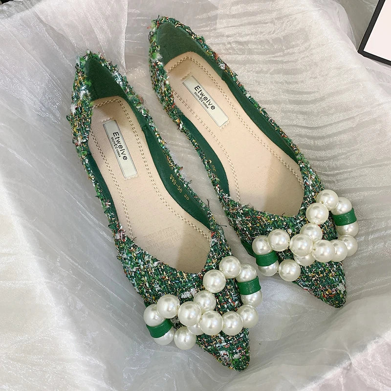 Lunivop  Flat Shoes for Women Spring Summer New Big Pearls Green White Women Flats Slip on Casual Loafers Zapatillas Mujer 44 45 46