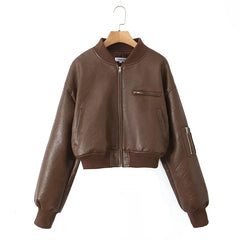 Hnewly  Lapel Cotton Leather Jacket Woman Short Retro Zipper Cardigan PU Jacket Solid Spring New female High Street Outwaer