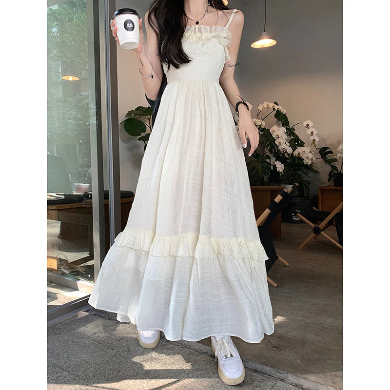 Hnewly Elegant Satin V Neck Dress Women Y2K Korean Chic Ribbon Slim Midi Dress Summer Sexy Hollow Out Folds Sleeveless Vestidos Mujer