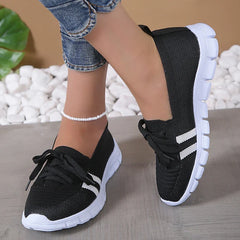 Hnewly Mesh Knitted Striped Flats Shoes for Women Summer Lace Up Casual Sneakers Woman Breathable Soft Sole Loafers Plus Size 43