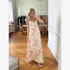 Hnewly  Women Fashion Floral Print Long Dress Elegant V-neck Ruffle Sleeveless High Waist Lace-up Dresses Lady Daily Vacation Wears
