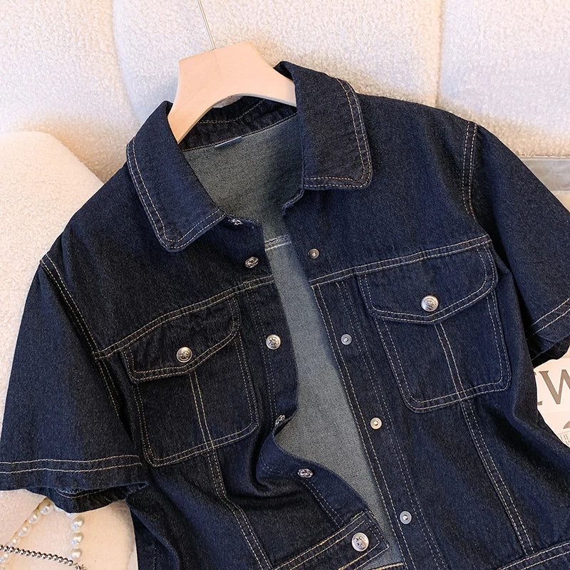 Hnewly  Deep Blue Short Sleeve Denim Jacket For Women Spring/Summer Lapel  Single Breasted Korean Loose All-Match Short Casual Top