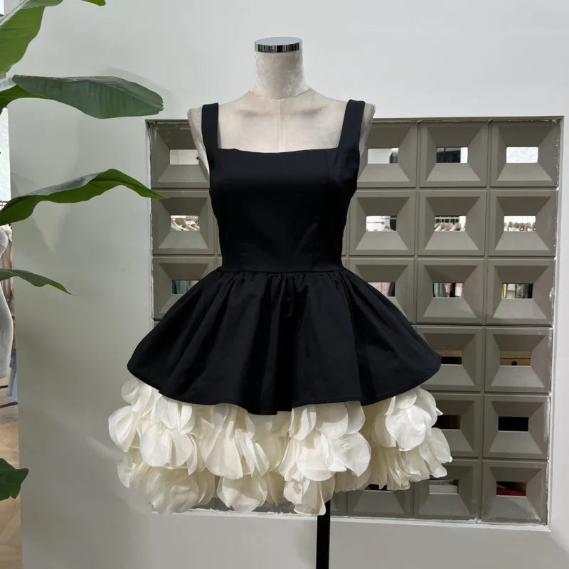 Hnewly Fashion Patchwork Dress Women's Square Collar Sleeveless Casual A Line Dresses 2025 Summer New Tide