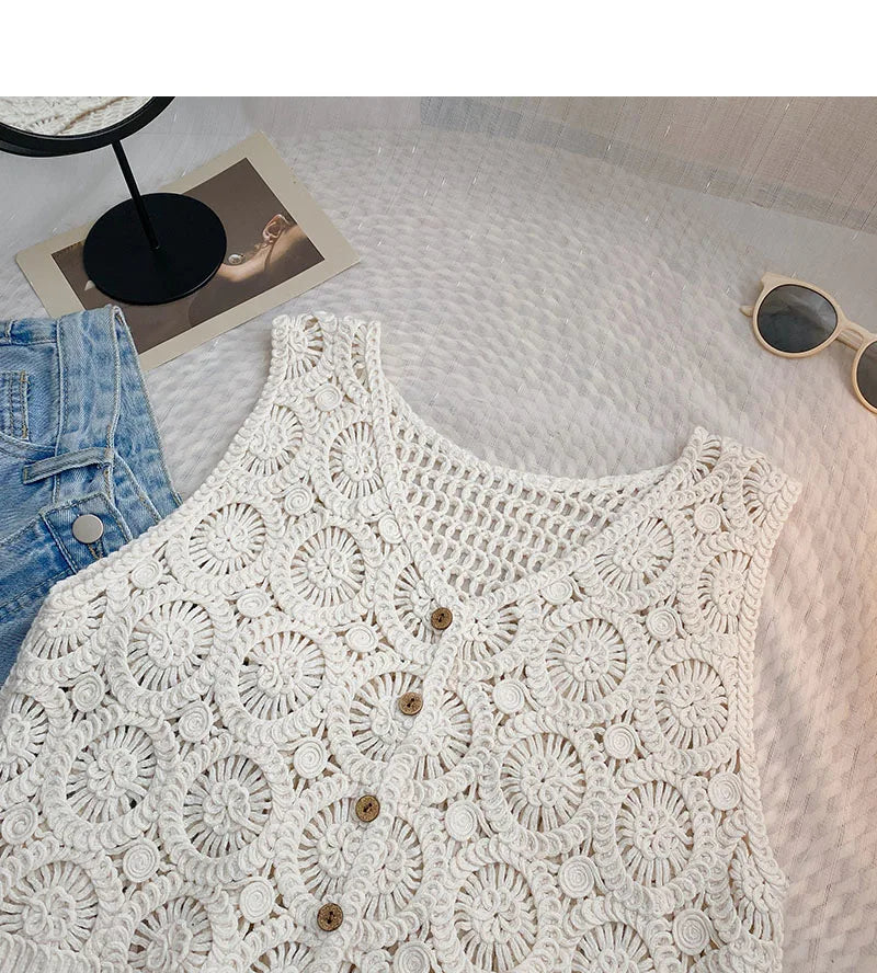 Hnewly Women Summer Hollow Out Knit Vest French Style V-Neck Sleeveless Hooked Flower Sweater 2023 New All-Match Outwear Short Top