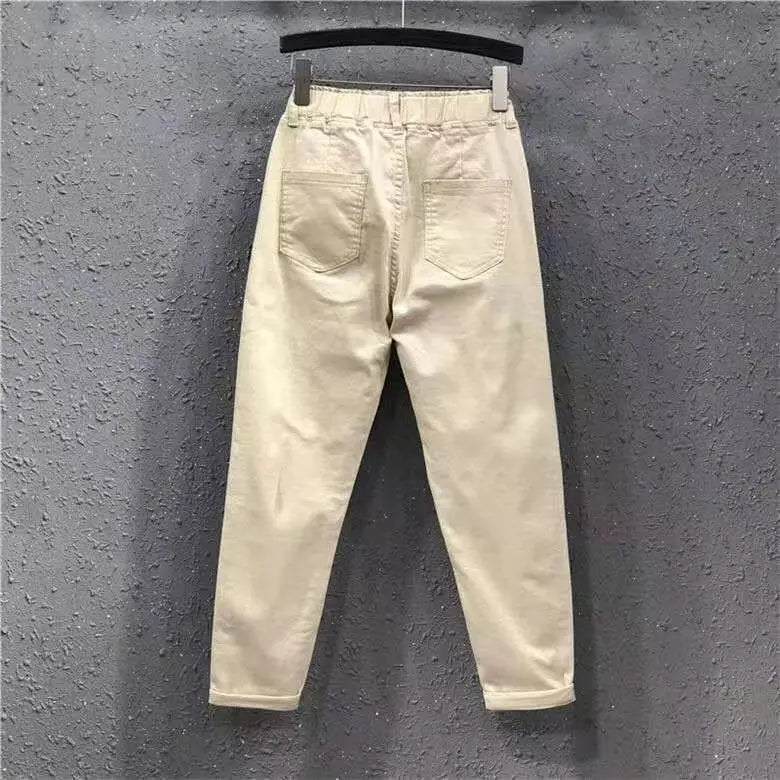 Hnewly Solid Casual Jeans For Summer/Autumn 2025 New Loose Versatile Harlan Pants Fashion Elastic Waist Buttons  Ankle-Length Pants