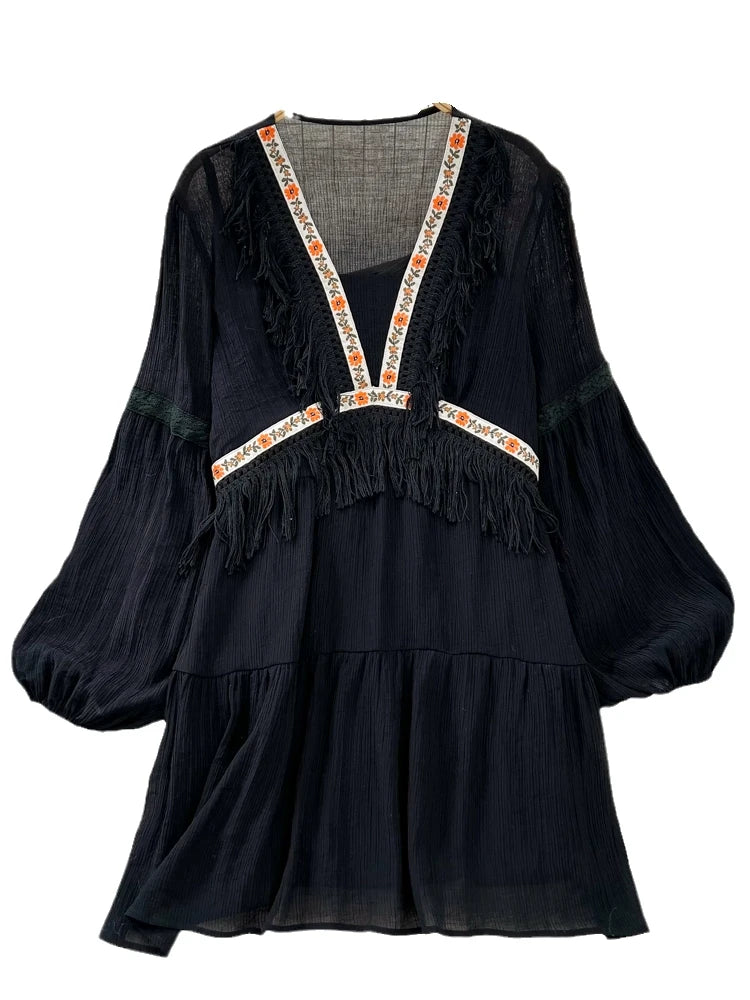 Hnewly  Tassel Patchwork V-neck Vacation Dress Sweet Lantern Sleeves Loose Mid Length A-line Dresses Elegant Embroidery Beach Vestido