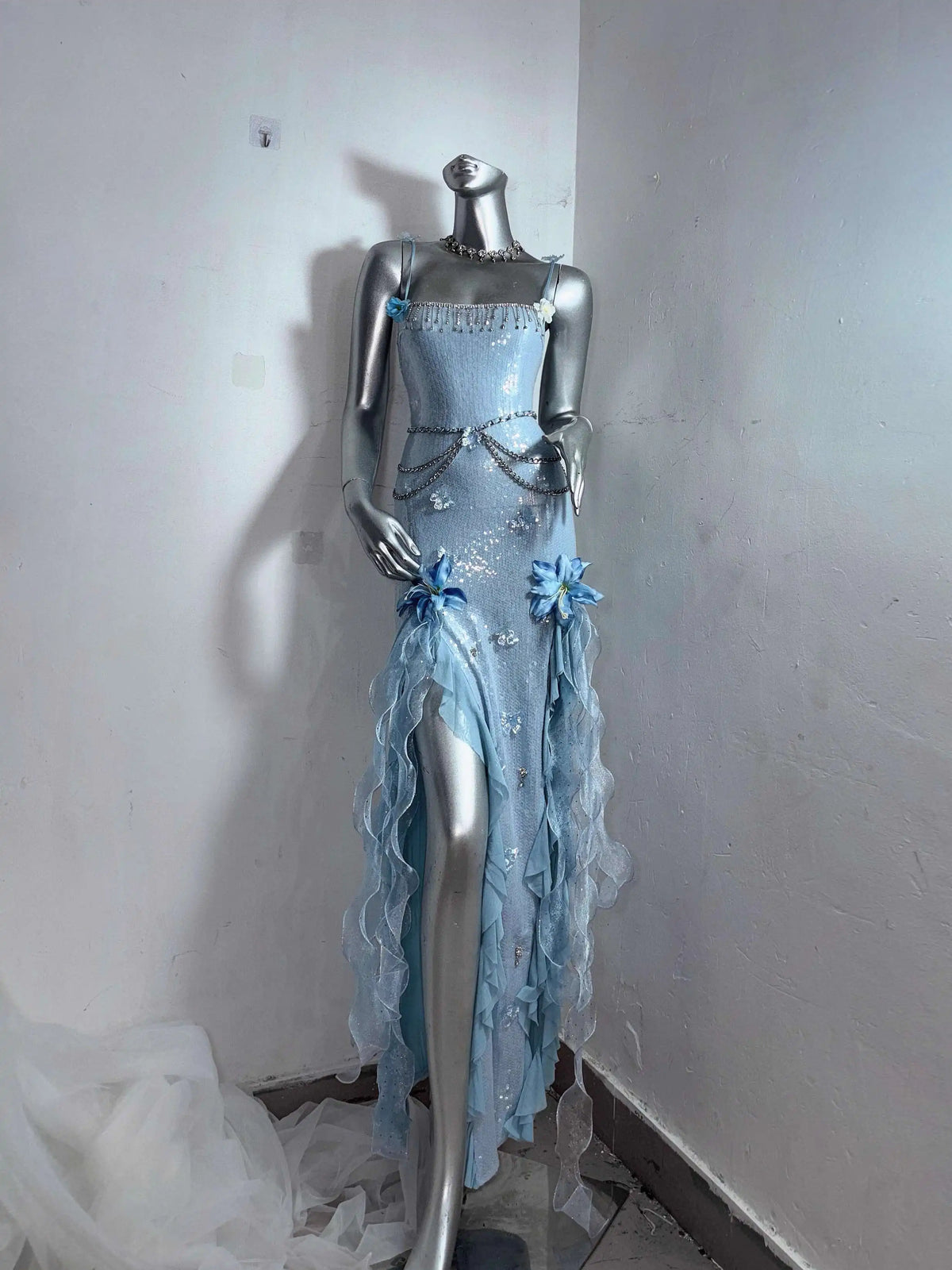 Hnewly  Fantasy Sea Spirit*TDH Blue Jellyfish Flowing Light Sparkling Tassel Fairy Slit Long Dress Gown Lolita Costume
