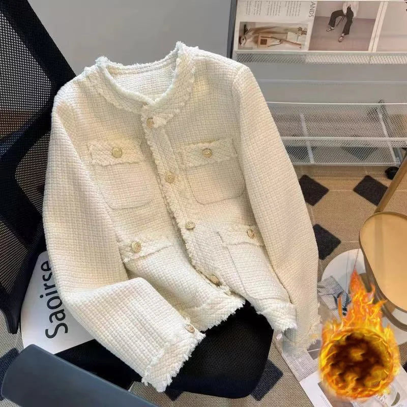 Hnewly Fashion Tweed Jacket Women Winter Thick Warm Single Breasted O Neck Coats Korean Elegant Office Lady All Match Outwear Mujer New