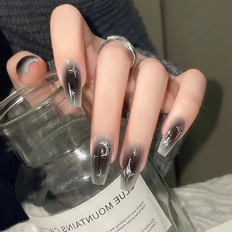 Hnewly Black Long Coffin Shape Fake Nail Ballet Reusable Adhesive Acrylic Press on Set Nails Artificial False Nails Art Tips Women Gift