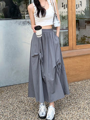 Hnewly  Women's Summer High Waisted Bow Cargo Skirt - Korean Effortless Chic Flowy Big Hem Umbrella Skirt Midi Casual Skirt