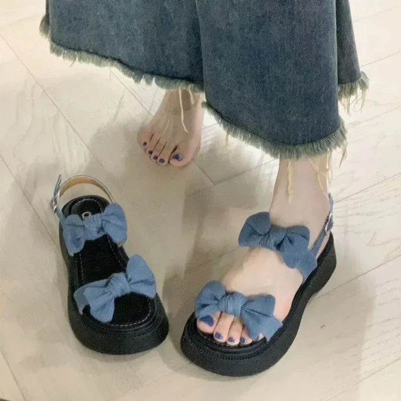 Hnewly  Sweet Butterfly Knot Summer Women Shoes New Korean Style Fashion Women's Sandals Casual and Versatile Platform Sandals