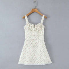 Lunivop  New French Style Vintage Rose Flower Print Wood ears Bow Ruched Chest Sling Dress Women Cross Lacing up Backless Short Vestidos