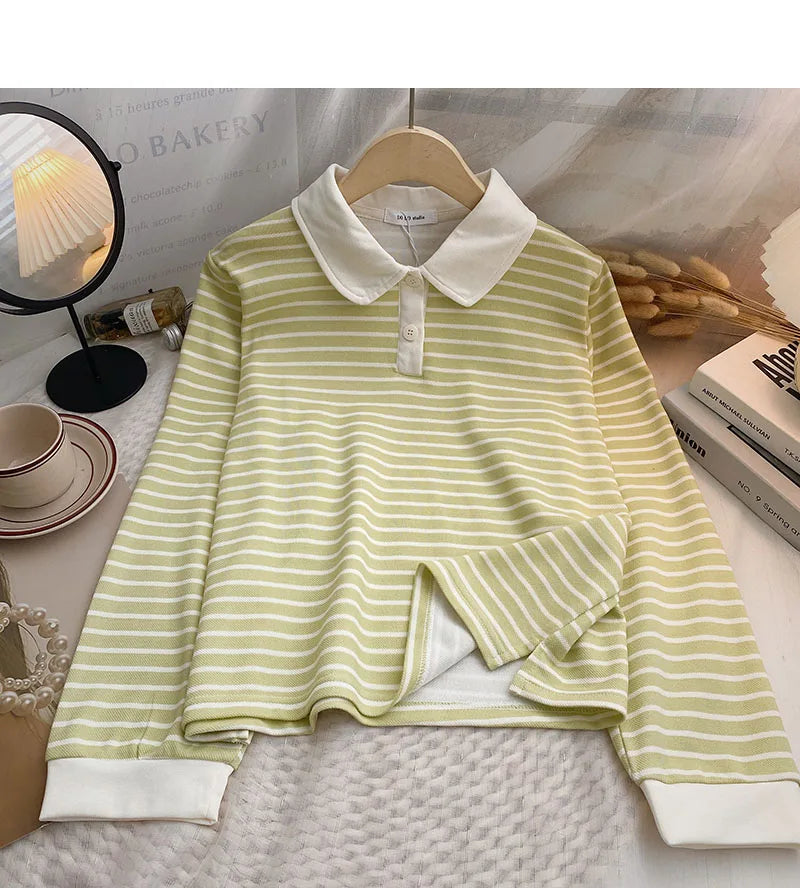 Hnewly  Classic Black White Striped Sweatshirts Casual Loose Turn-down Collar  Women's Spring 2025 New Korean Long Sleeve T-shirt Top