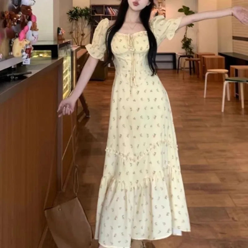 Hnewly  Women Dresses Floral Printed Puff Short Sleeve Bandage Summer Fashion Ruffles Square Collar Sweet Elegant Dress Female