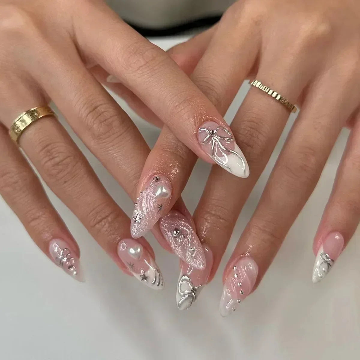 Hnewly 24Pcs Almond False Nails Cute Strawberries with French Design Simple White Wearable Fake Nails Decoration Press on Nail Tips Art
