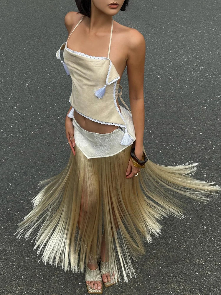 Hnewly  Cutenew Sexy Tassel Halter 2 Piece Set Women Irregular Backless Bandages Tank Top+Patchwork Skirt New Trend Party Streetwear