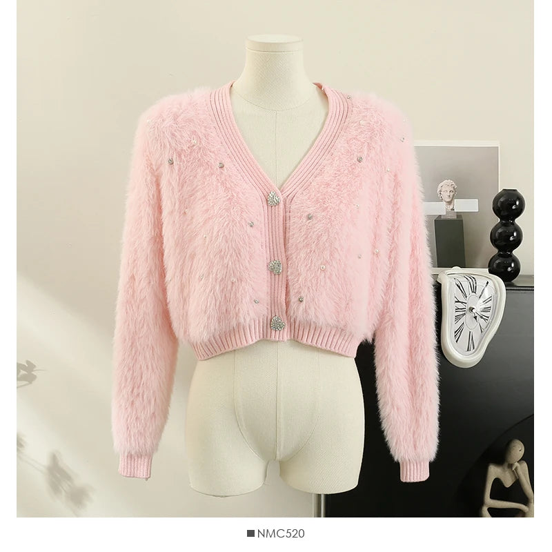 Hnewly  Heart Button Plush Soft Sweater Coat Autumn/Winter New Women's Fashion Shiny Diamond V-Neck Short Knitted Cardigan Top