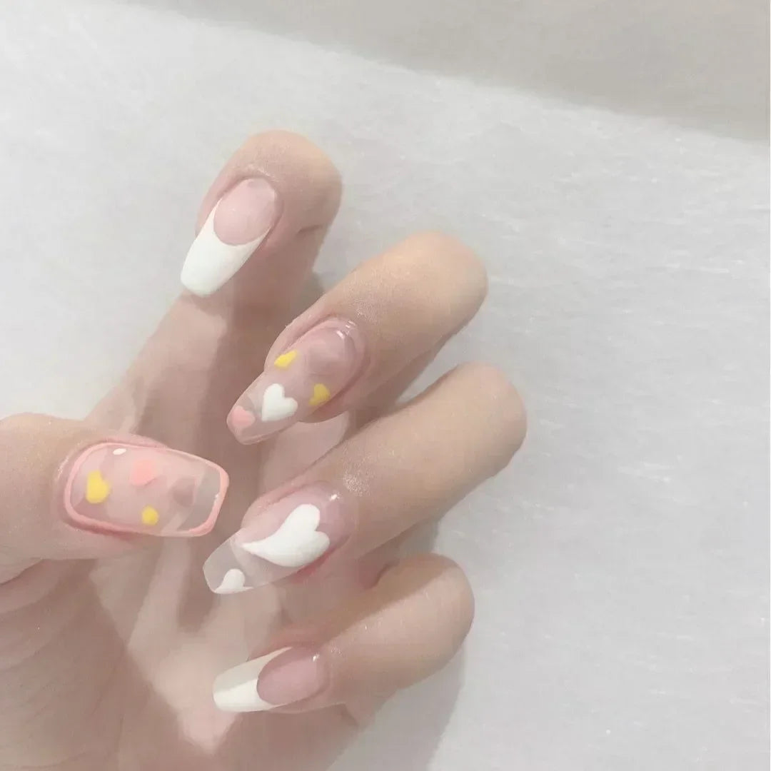 Hnewly 24Pcs False Nails French Gradient Ballet Fake Nails Press on Nails Black Heart Rhinestone Design Glitter Full Cover Nail Tips