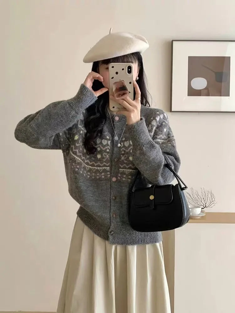 Hnewly  Cute Cartoon Cardigan Sweater for Women Long Sleeve Crew Neck Button Up Knitted Jacket Knitwear Teen-girl Fall Winter Outfit