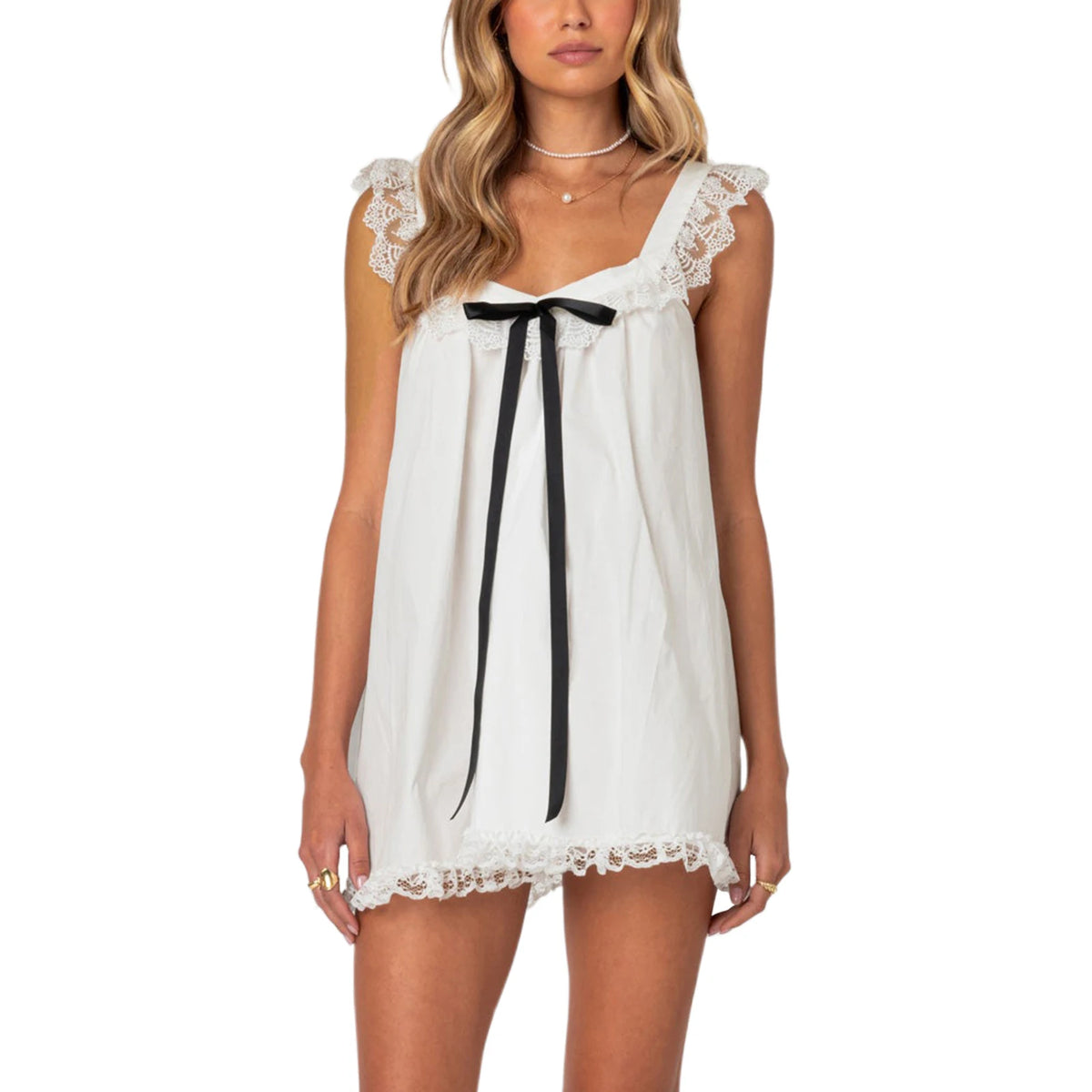 Hnewly  Women Mini Dress Lace Trim Fly Sleeve Bowknot Embellished Short Dress Summer Fashion Casual Dress