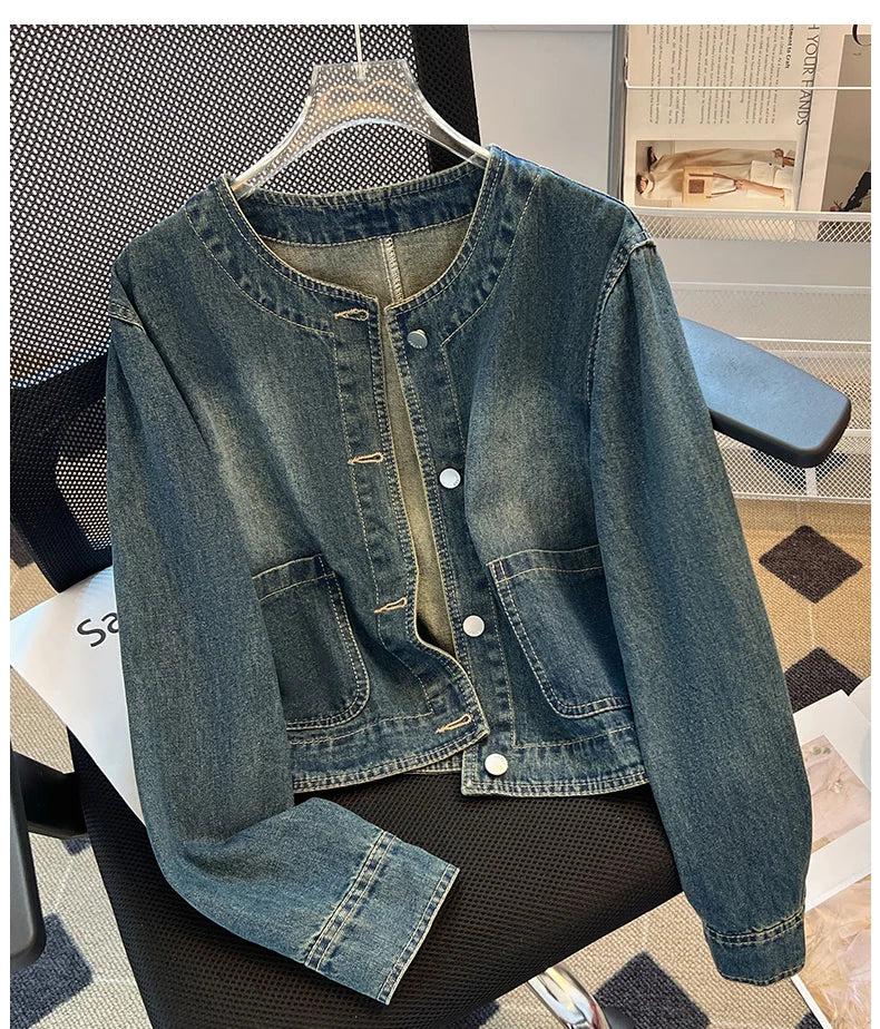 Hnewly  Light Blue Retro Denim Jacket Women's Spring Single Breasted Loose Cardigan Short Top Autumn O-Neck Long Sleeve All-Matched Top