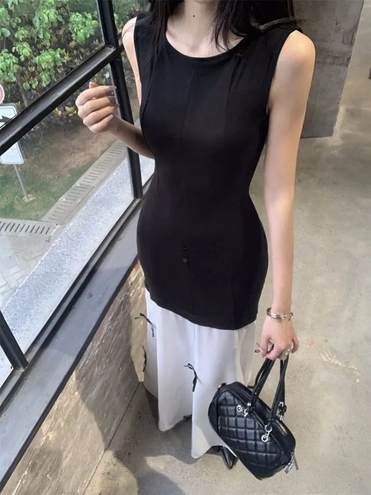 Hnewly  Sleeveless Dresses Women Bow Patchwork O Neck Vintage Mesh Summer Fashion Elegant Dress Party Female Casual Chic