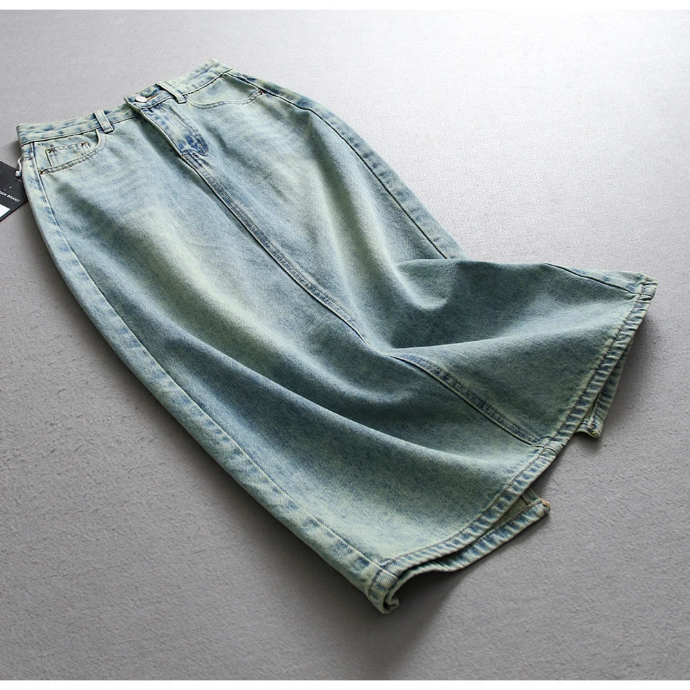 Hnewly  Splitted High Waisted Denim Skirt Women's Versatile Mid Length Jeans Skirt Autumn Light Color Fashion Double Pocket Skirts