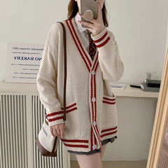 Hnewly  Women Cardigan Sweater Varsity Striped Front Pocket Long Sleeve Button-up Knit Sweater Jacket College Student Girl Preppy Style