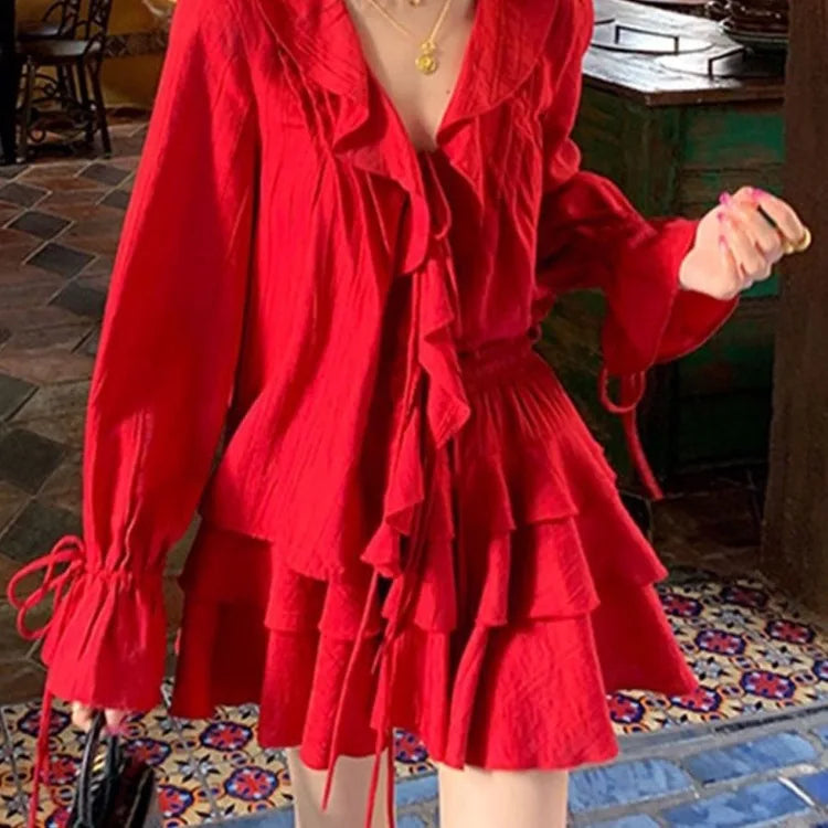 Hnewly DRESS TO IMPRESS Elegant V-neck Ruffles Long Sleeve Tops Women+ Y2k E-Girl High Waist Ruched A-line Skirts Spring New Red Two Piece Sets