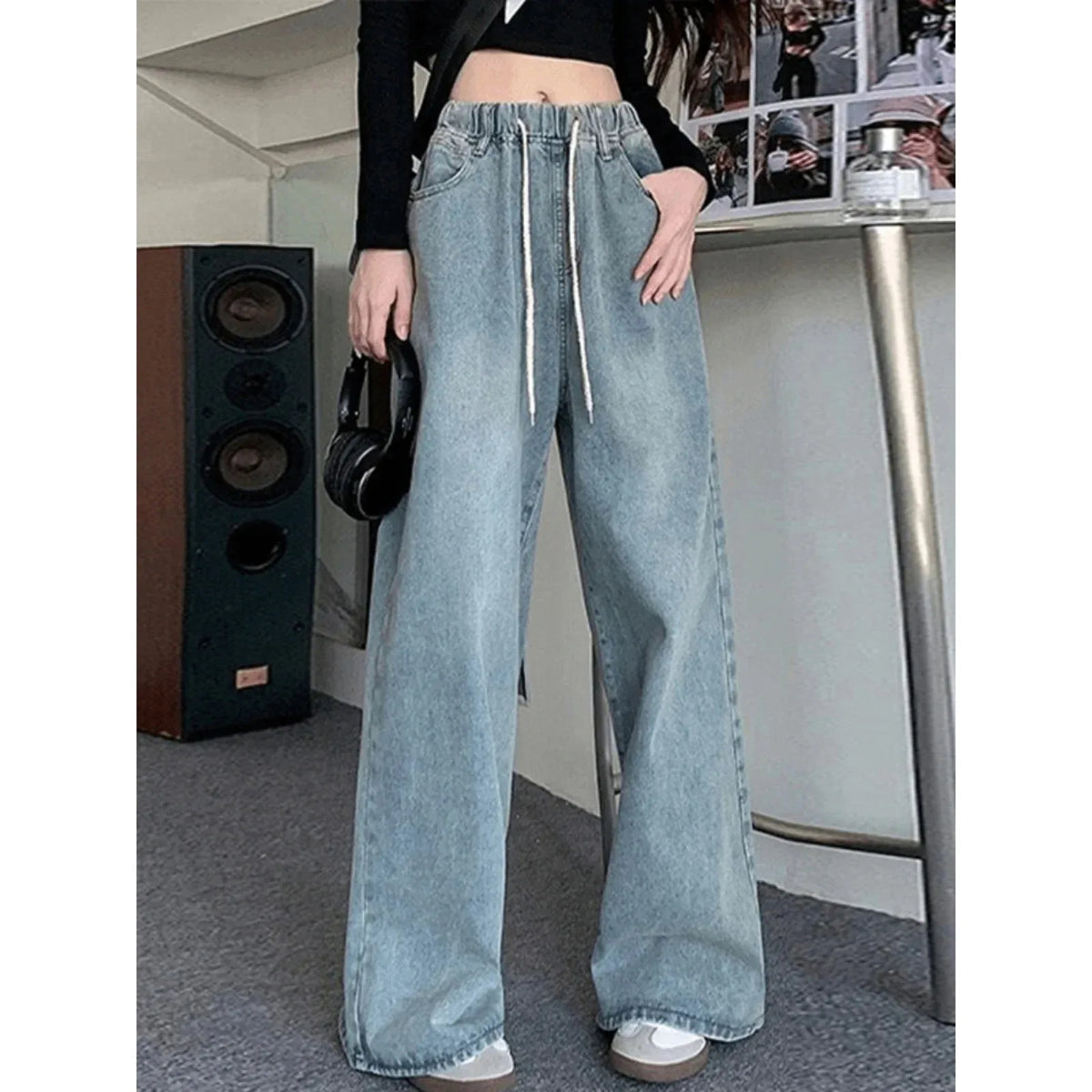 Hnewly  Elastic Waist High Waist Wide Leg Jeans for Women Loose Straight Blue Long Denim Pants Female Fashion Streetwear Jeans