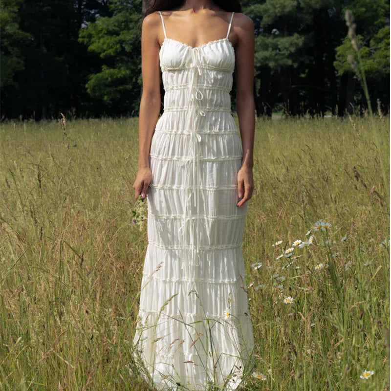 Hnewly   New Summer Chiffon Beige Solid Color Lace-ups Slim Slip Dress Ruffle Chic Party Beach Fashion Long Dress For Women