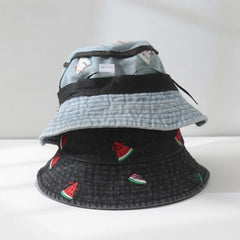 Hnewly  Watermelon Strawberry Embroidered Denim Bucket Hat Butterfly Pattern Wide Brim Denim Fisherman Hat Sun Hat Spring and Summer