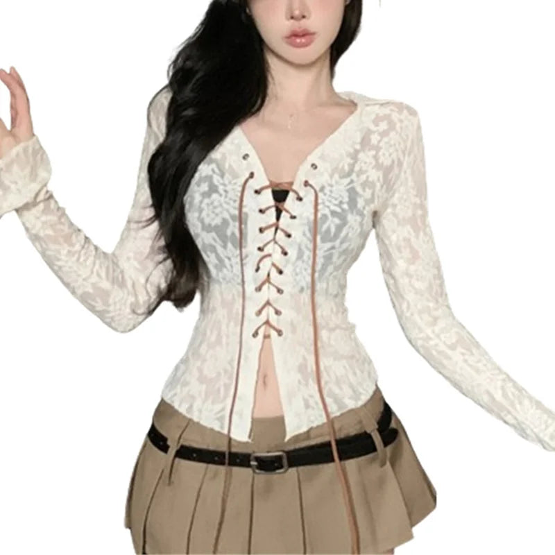 Hnewly Fairycore Shirt Lace Tops Women Aesthetic Clothes Sheer V-Neck Turn-Down Collar Cross Tie-Up Blouses 2000s Streetwear