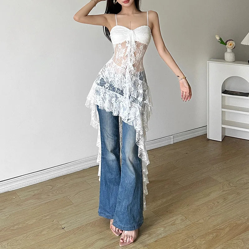 Hnewly  Women Dress Sexy Patchwork Mesh Strapless Irregular Waist Ruffled Split Black Dresses Fashion Night Party Vestidos