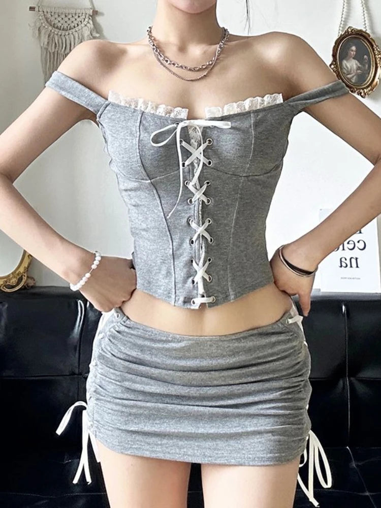 Hnewly 2 Piece Set Fashion Chic American Sexy Suits Women Casual Lace Splicing Tie Straps Vest + Simplicity Slim Drawstring Short Skirt